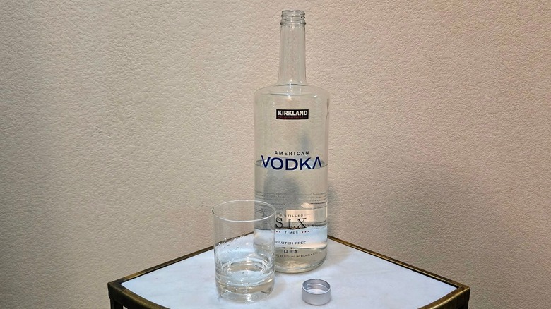 Kirkland Signature American vodka bottle and glass