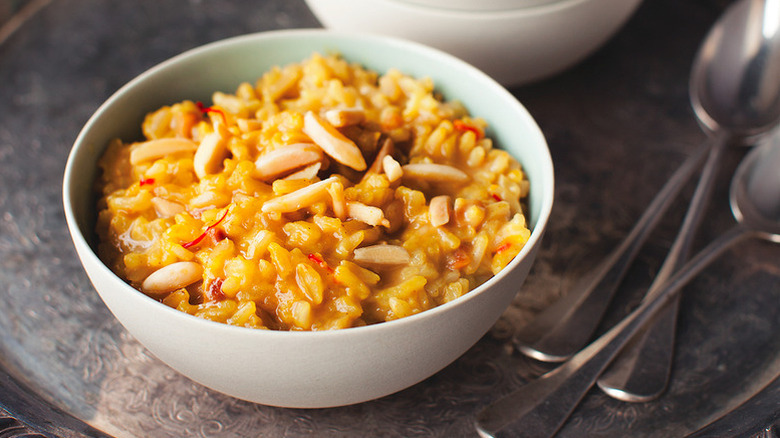 Bowl of saffron-almond rice pudding