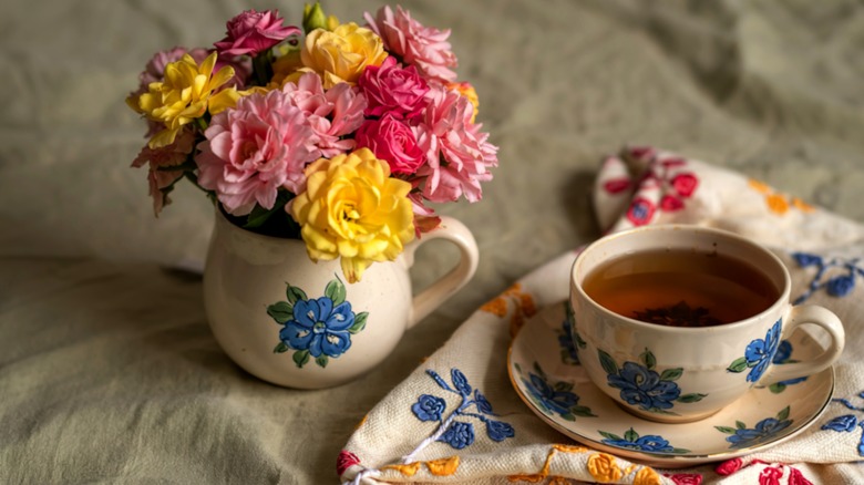 A pot with flowers next to a matching tea towel and teacup.