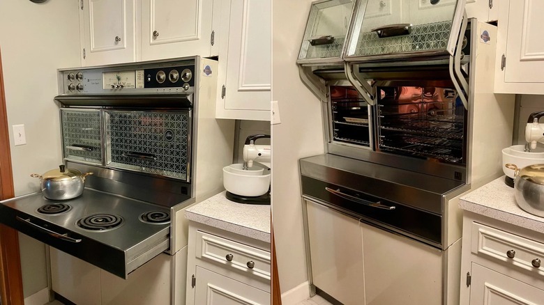A Frigidaire Flair with burners that slide out and over doors that open upward