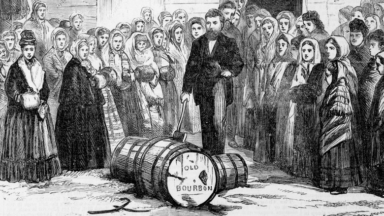 Illustration of a saloon-keeper surrendering his bourbon barrels to women from the Temperance movement