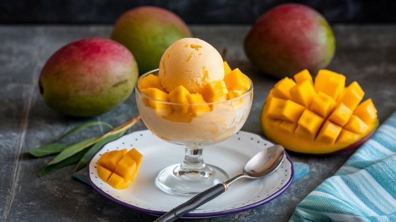 Mango sorbet sliced with fresh mangoes