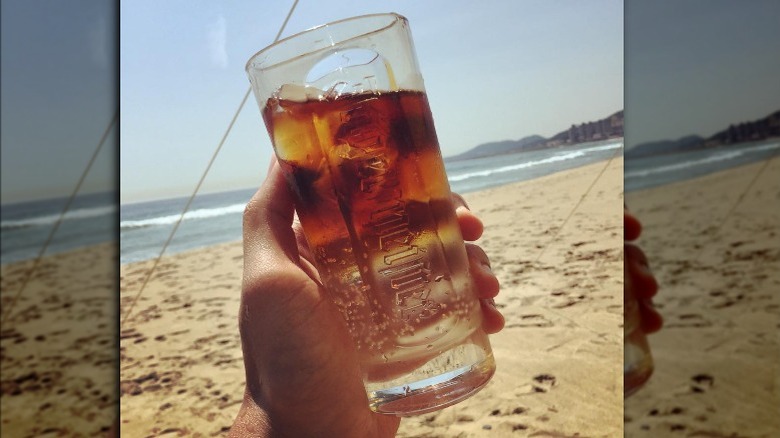 Hand holding a glass of Jägermeister and club soda, with beach in the background