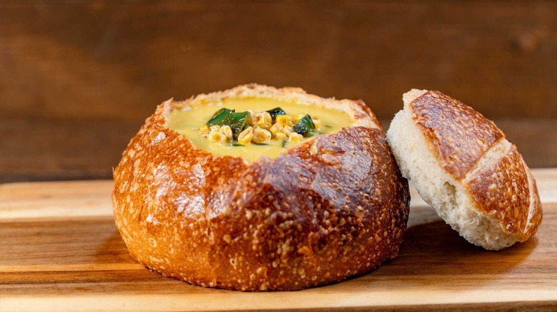 Corn soup in a bread bowl at Disneyland