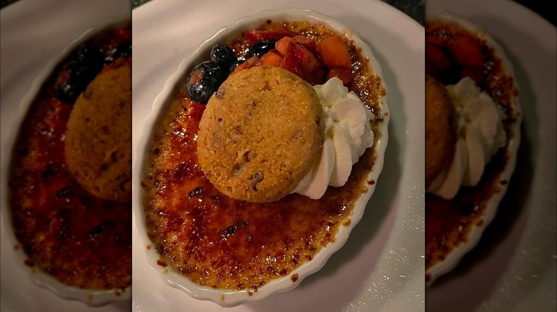 Crème brûlée tart plated at Blue Bayou Restaurant
