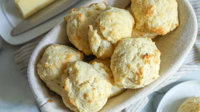 3-Ingredient Drop Biscuits in towel-lined basket