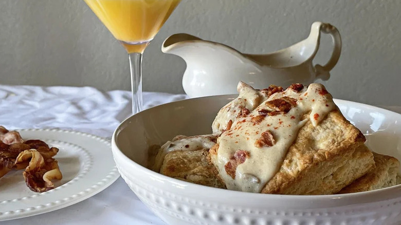 Maple Biscuits and Bacon Gravy in white bowl