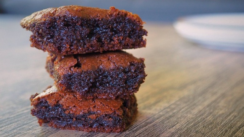 Stack of three gooey Nutella brownies
