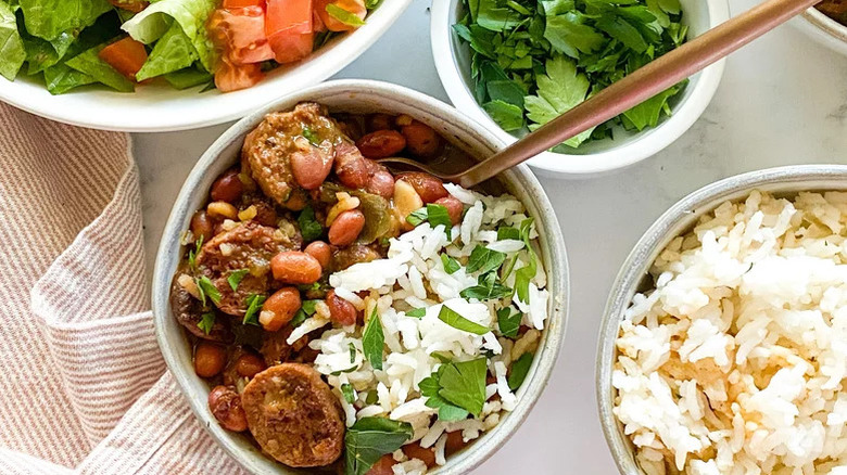 Aerial shot of red beans and rice in a bowl