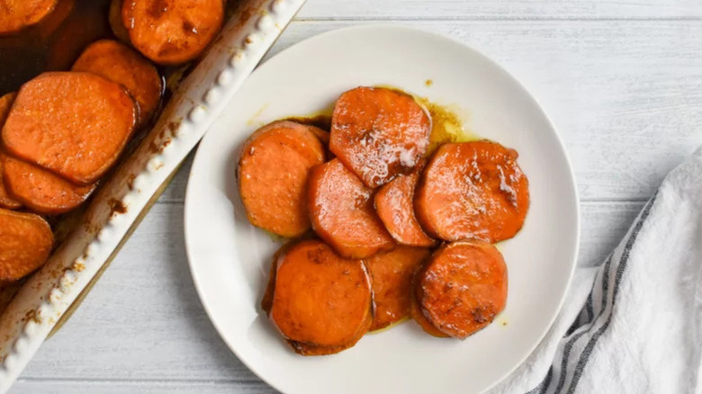 Aerial shot of candied yams on a plate