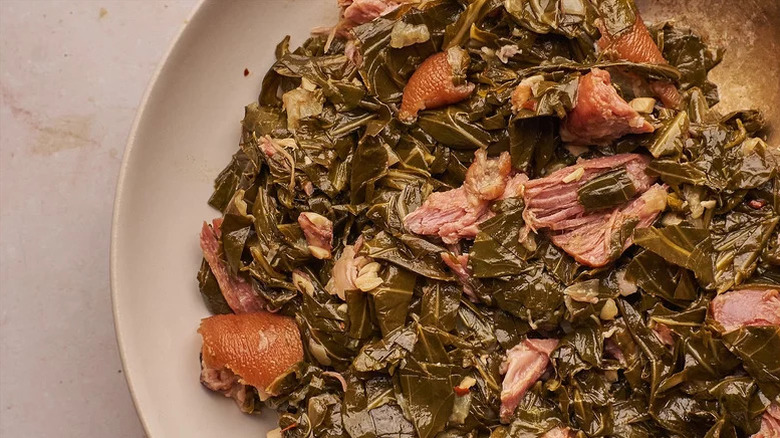 Aerial shot of collard greens in a bowl