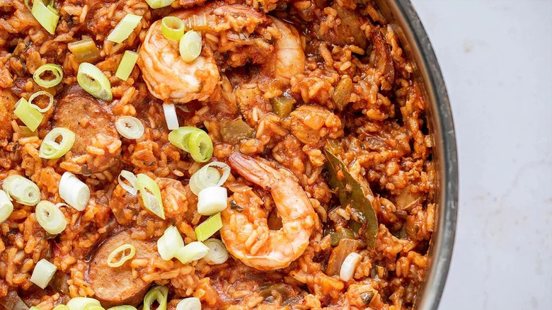 Aerial shot of jambalaya in a pot