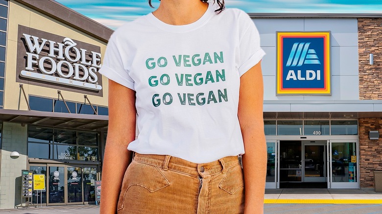 Vegan-themed T-shirt amid grocers