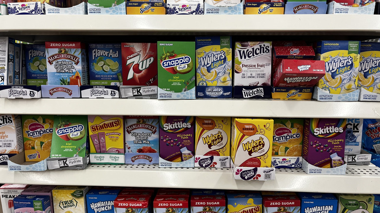Rows of drink mix stick packs in various flavors