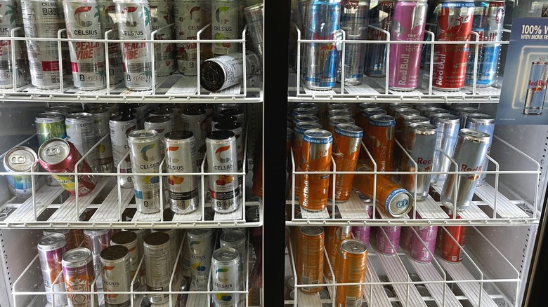 Cans of energy drinks from various brands
