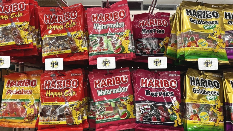 Hanging bags of Haribo gummy candies in varieties