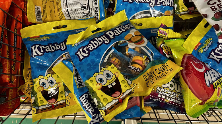 Packs of SpongeBob Krabby Patties gummy candies stacked