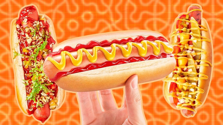 hot dogs with various toppings