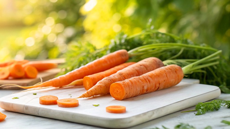 Carrots shown outside on a cutting board with the leafy ends still intact