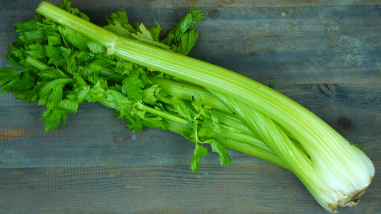 A celery shown with its base and individual stalks placed on a wooden surface