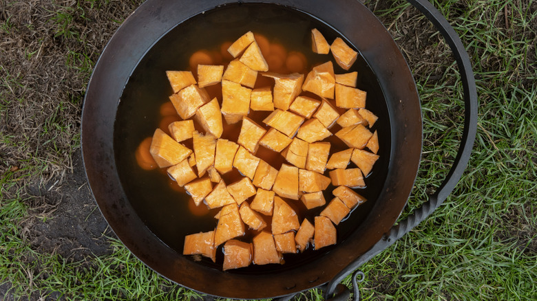 Sweet potato cubes in water