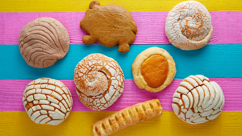 Mexican breads and pastries on a colorful background