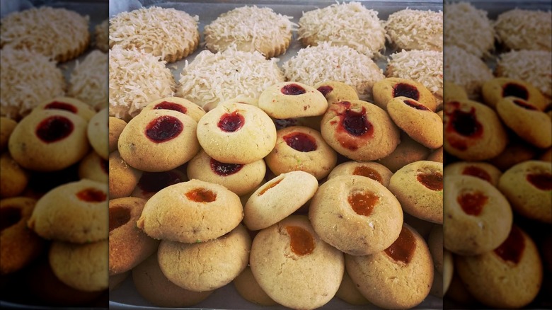 Coconut and jam cookies on display