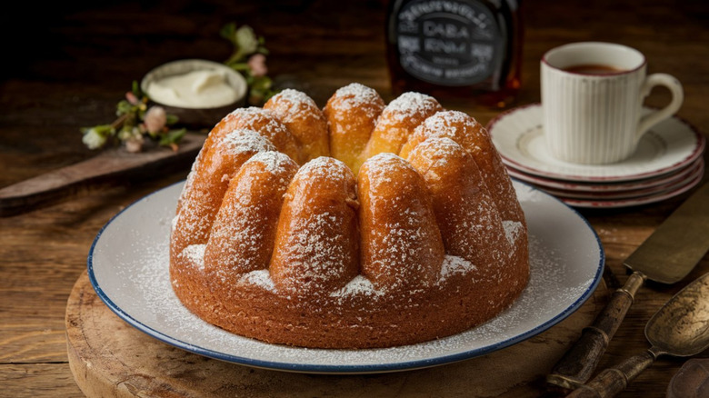 Plated baba au rhum with cup of coffee