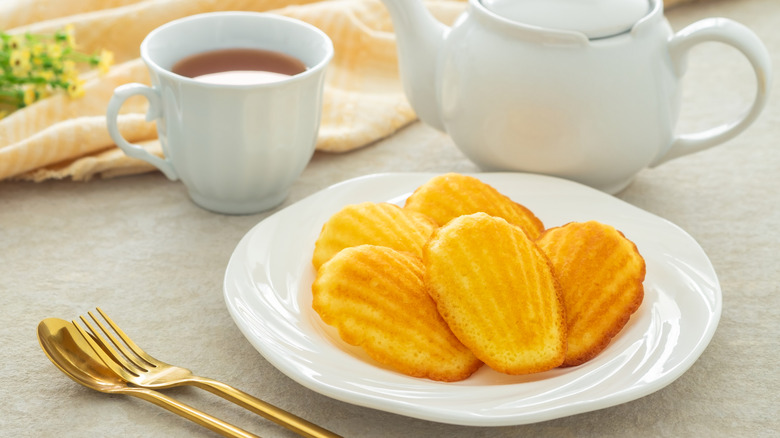 Madeleines on white plate and cup of tea