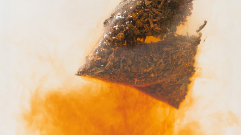 Close-up of black tea bag infusing water