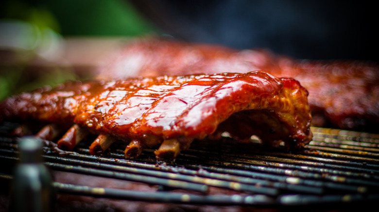 Barbecue pork ribs on a grill