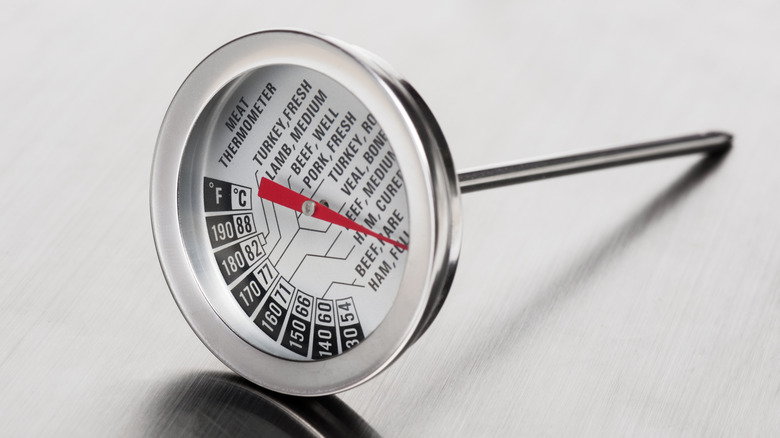 Close-up of meat thermometer on metal table