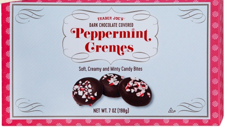 Box of dark chocolate covered peppermint cremes with image of three cremes