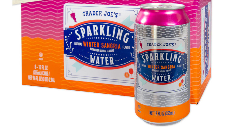 Can of winter sangria sparkling water in front of box