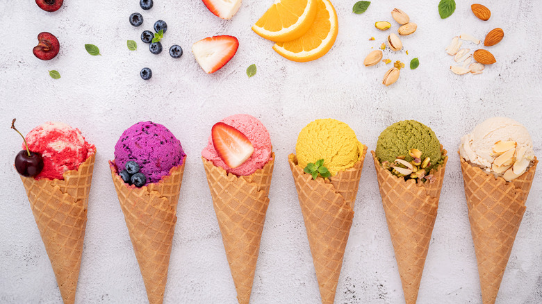 Flavored ice creams in cones