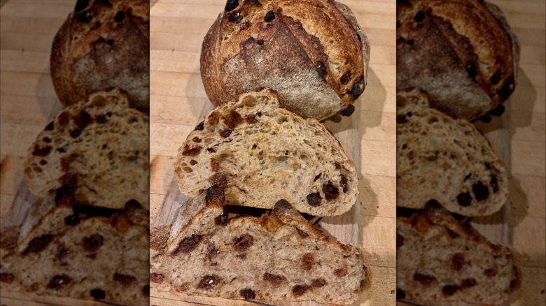 sliced sourdough loaves with dried fruit from Moxie Bread Co bakery in Boulder, Colorado