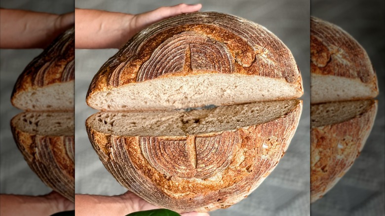 hands holding round sourdough bread sliced in half made at Domaselo bakery in Miami