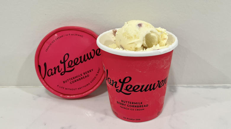 Opened Van Leeuwen buttermilk berry cornbread ice cream pint on a countertop