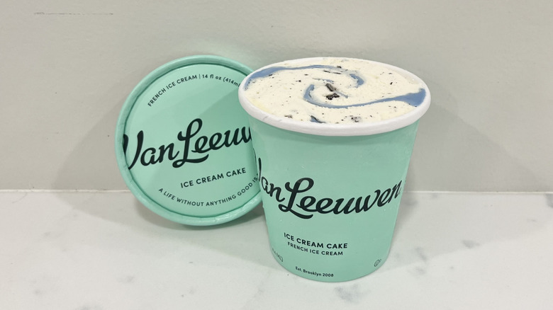 Opened Van Leeuwen ice cream cake ice cream pint on a countertop