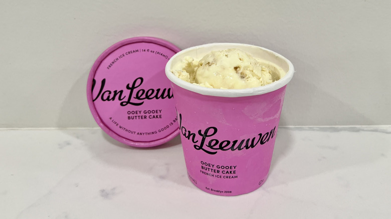 Opened Van Leeuwen ooey gooey butter cake ice cream pint on a countertop