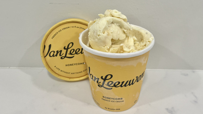 Opened Van Leeuwen honeycomb ice cream pint on a countertop