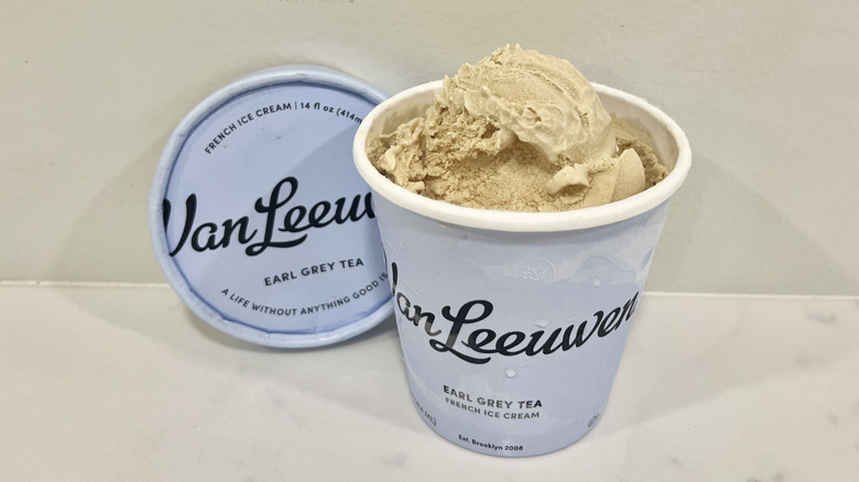 Opened Van Leeuwen Earl Grey tea ice cream pint on a countertop