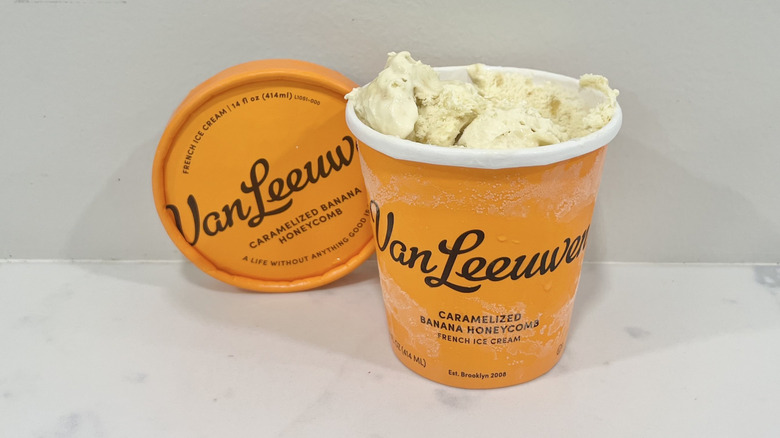 Opened Van Leeuwen caramelized banana honeycomb ice cream pint on a countertop
