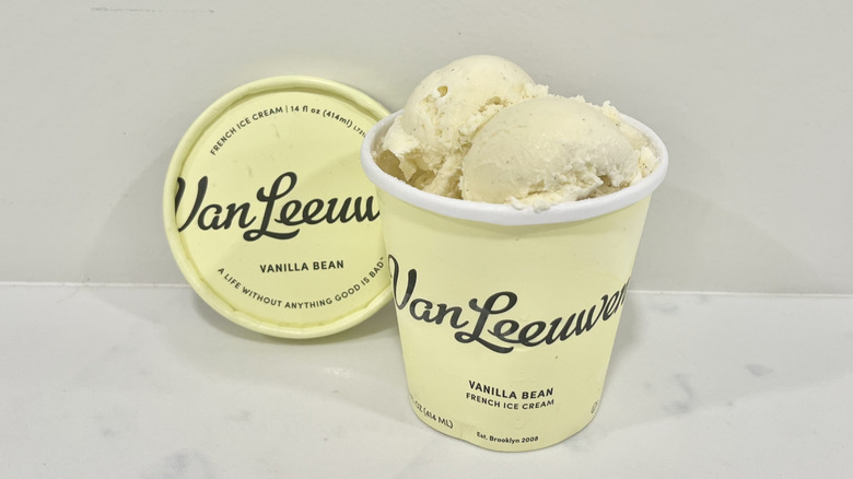 Opened Van Leeuwen vanilla bean ice cream pint on a countertop