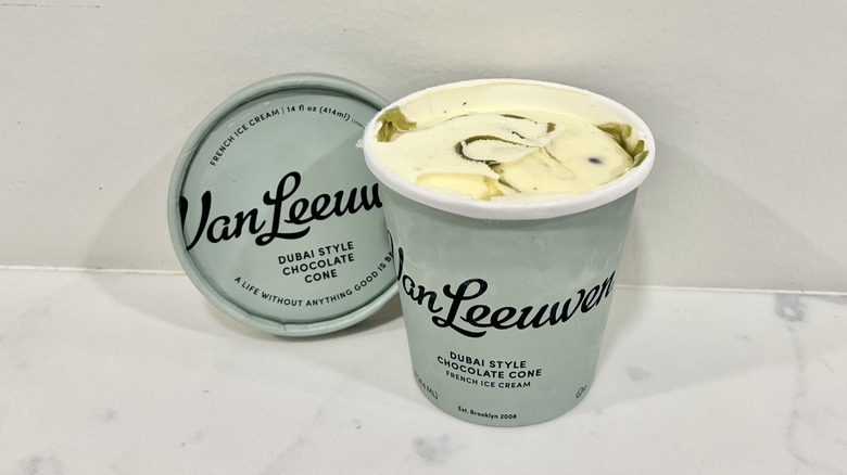 Opened Van Leeuwen Dubai style chocolate cone ice cream pint on a countertop