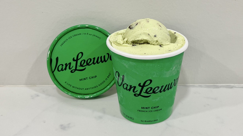 Opened Van Leeuwen mint chip ice cream pint on a countertop