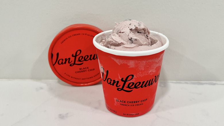 Opened Van Leeuwen black cherry chip ice cream pint on a countertop