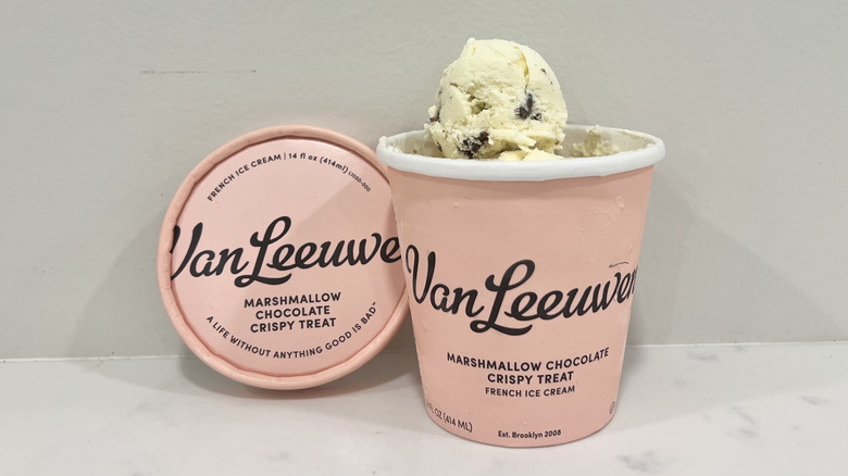Opened Van Leeuwen marshmallow chocolate crispy treat ice cream pint on a countertop