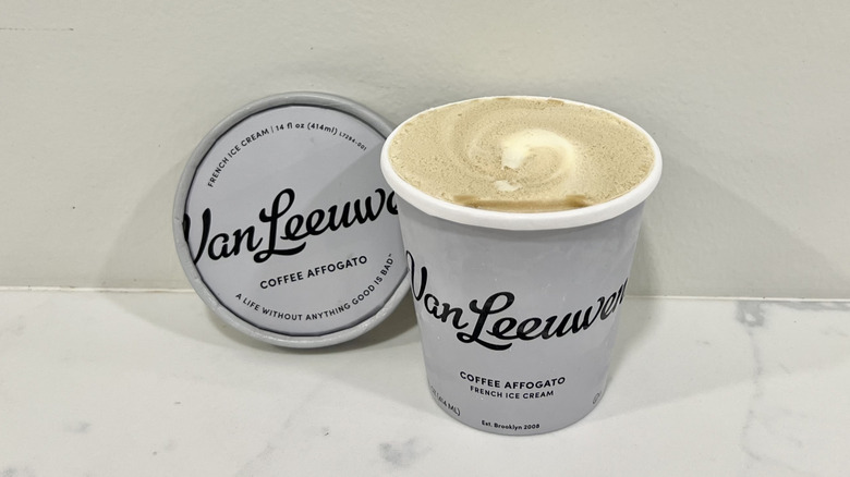 Opened Van Leeuwen coffee affogato ice cream pint on a countertop