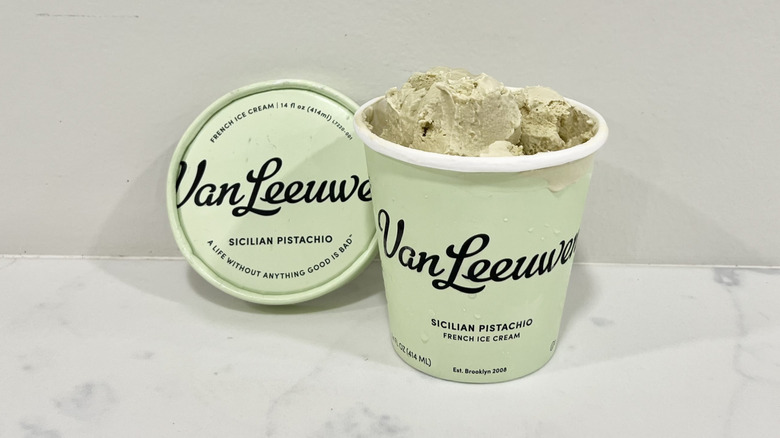 Opened Van Leeuwen Sicilian pistachio ice cream pint on a countertop